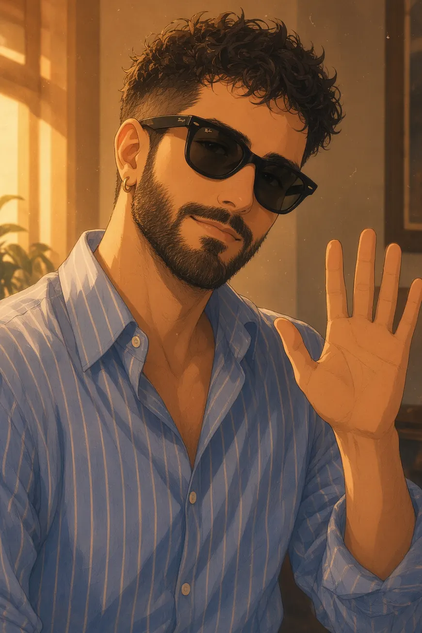 Jordi in sunglasses, waving