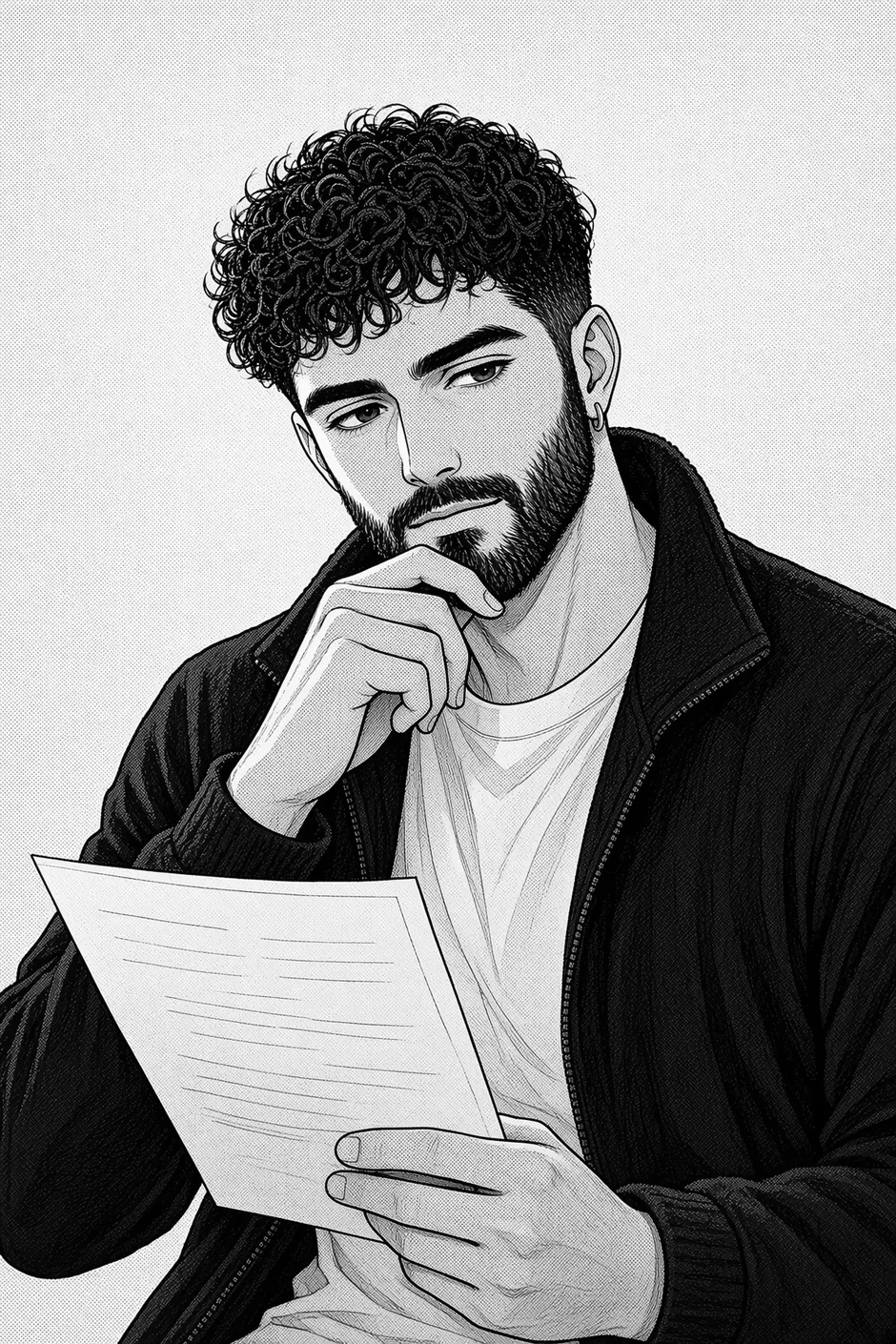 Jordi reading a printed brief, hand on his chin