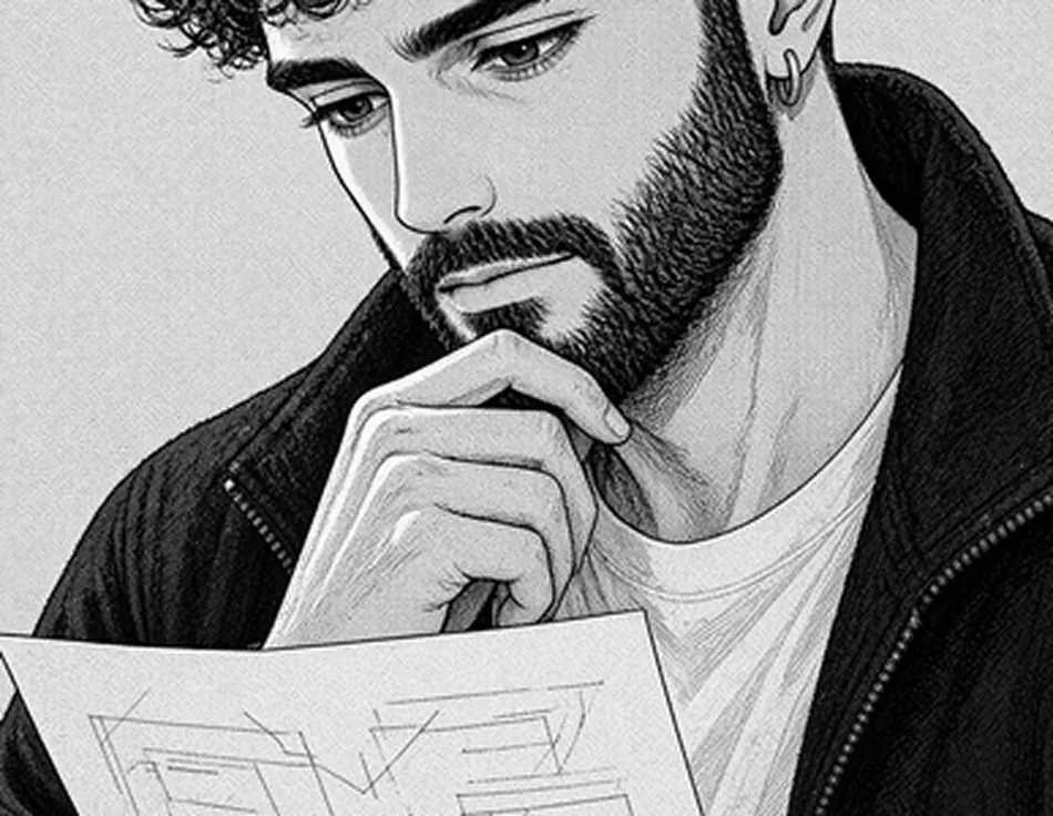 Close-up of Jordi studying a sketch, hand on his chin