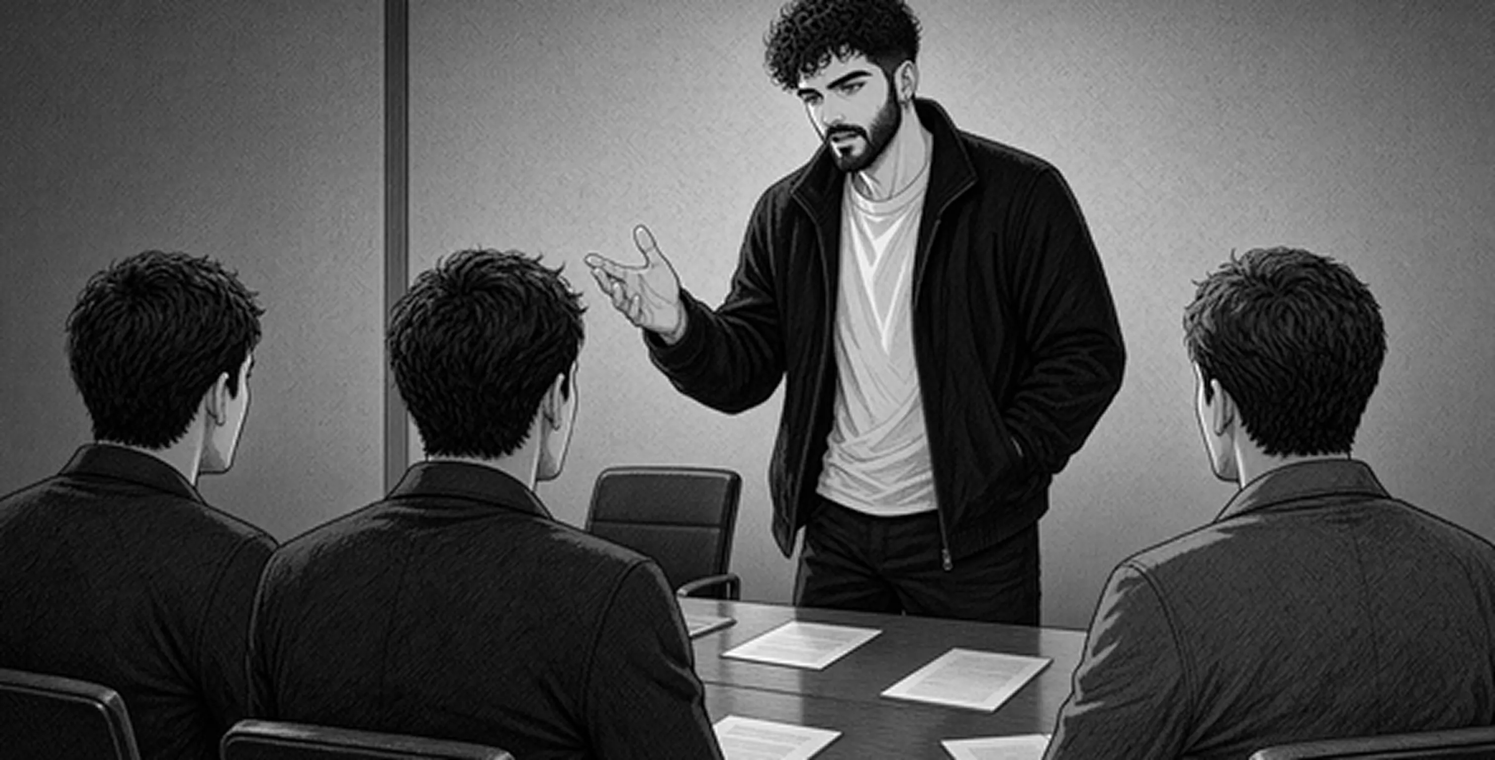 Jordi presenting to three colleagues around a meeting table