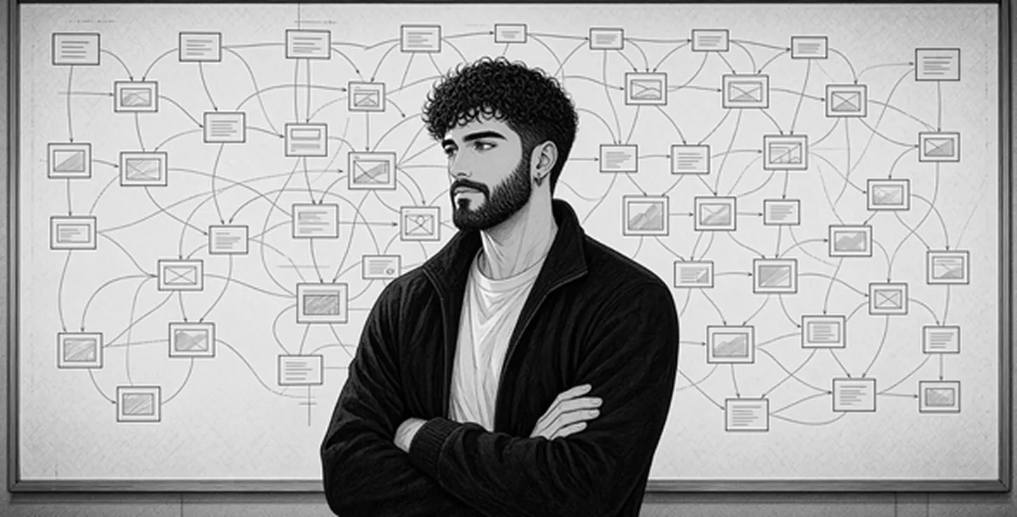 Jordi, arms crossed, in front of a large map of connected screens