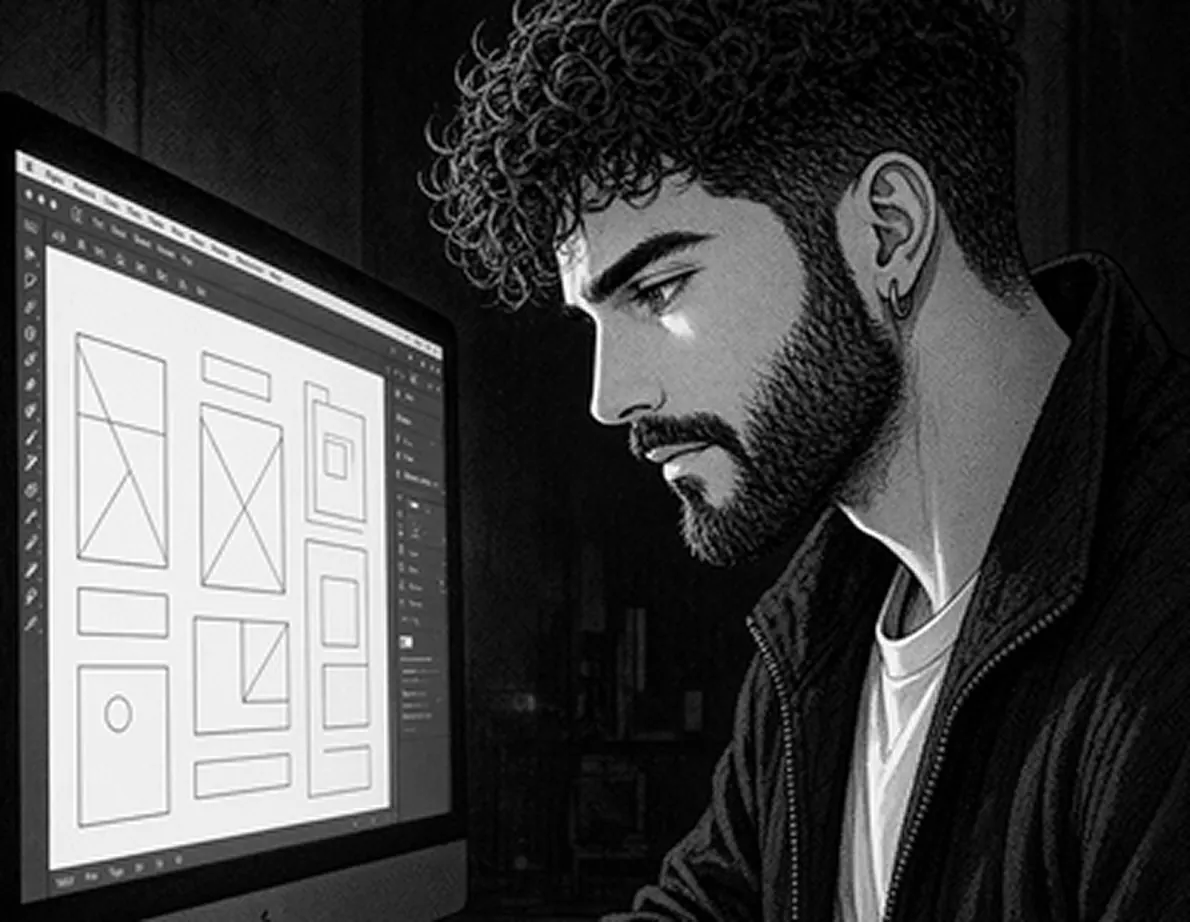 Jordi working on wireframes on a large monitor