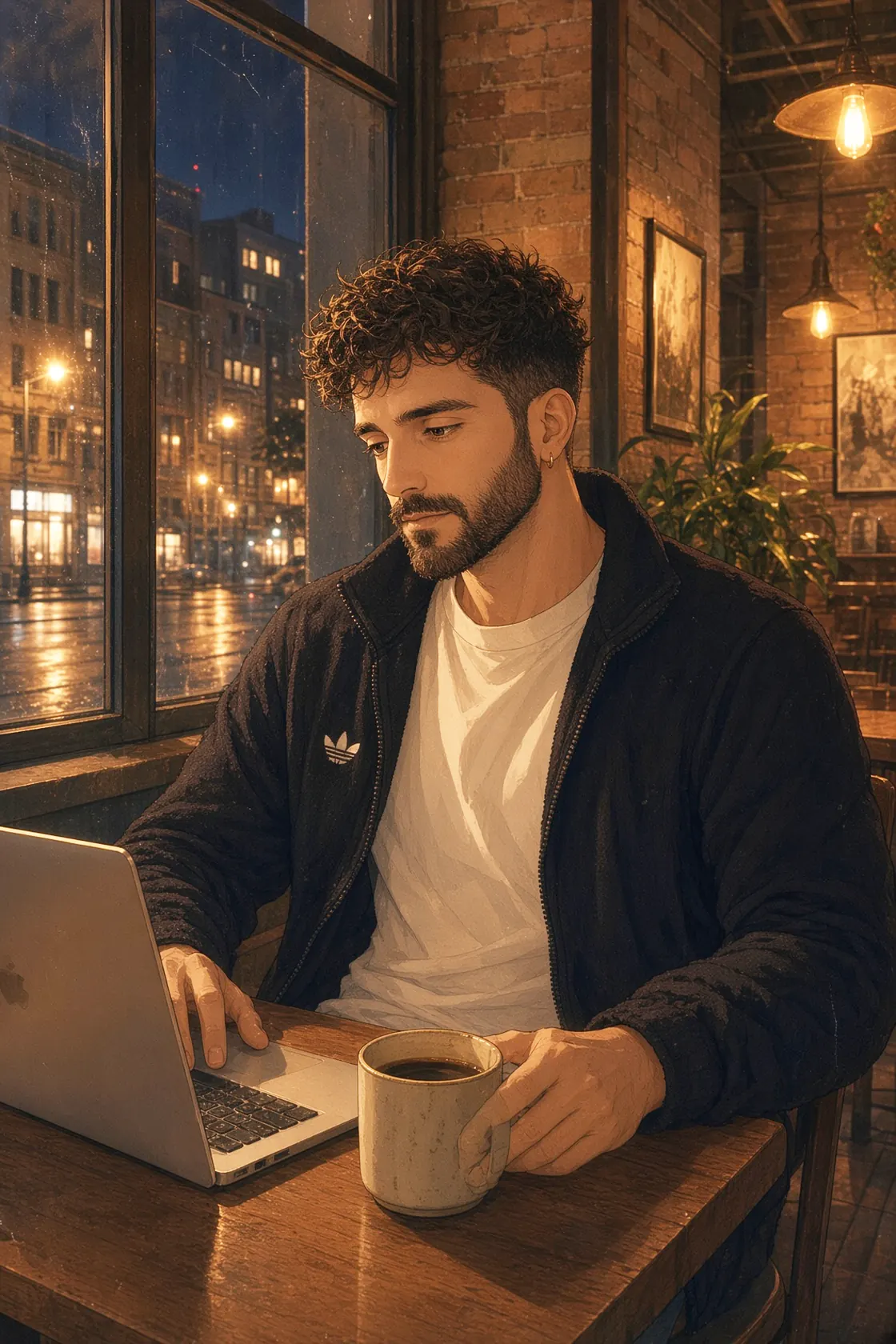 Jordi working on a laptop in a café at night