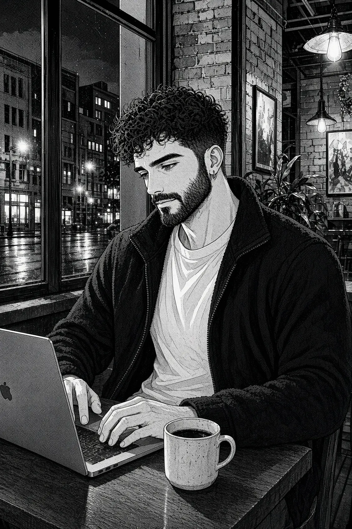 Jordi working on a laptop in a café at night