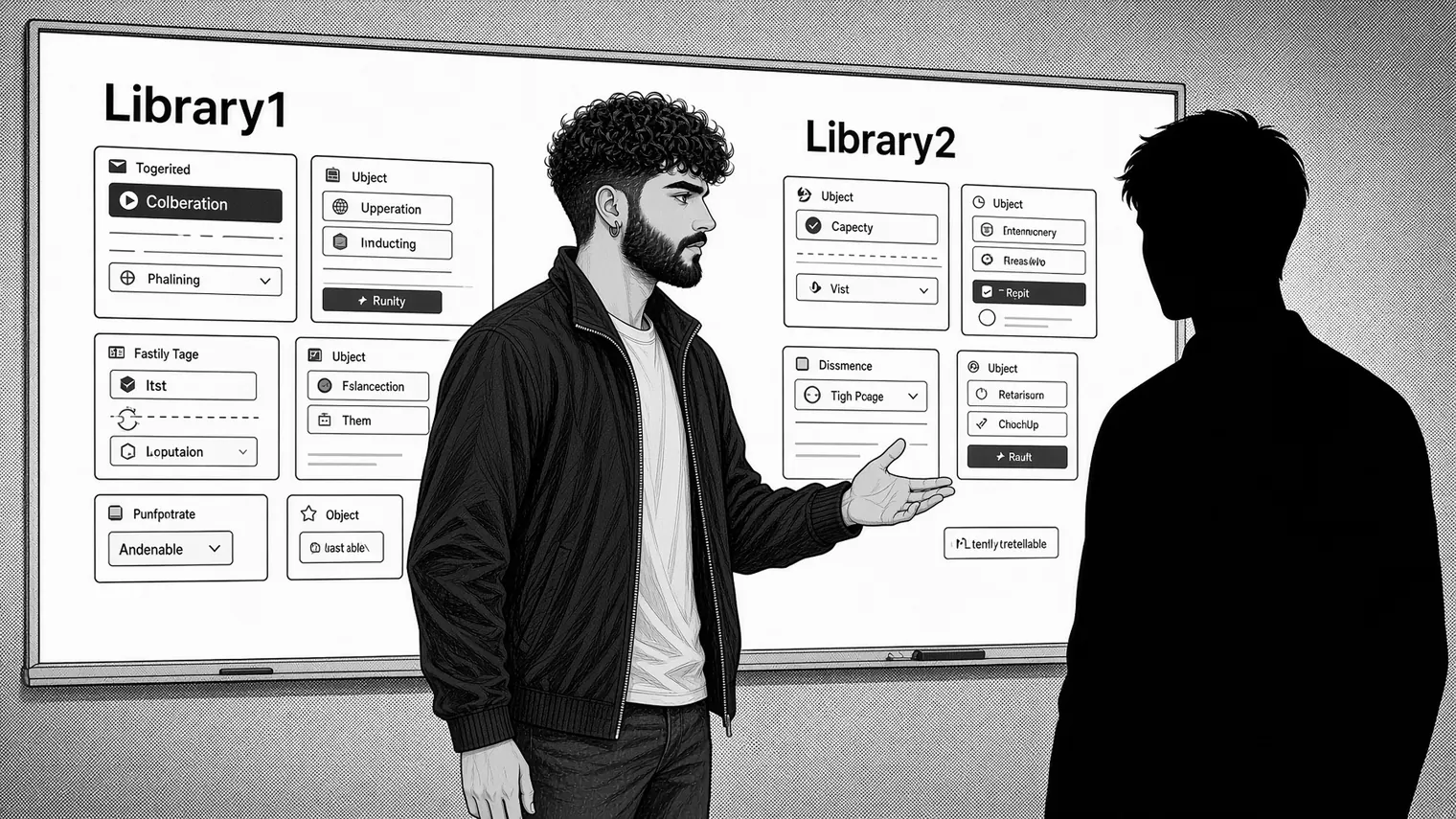 Jordi comparing two libraries on a whiteboard, next to a colleague in silhouette