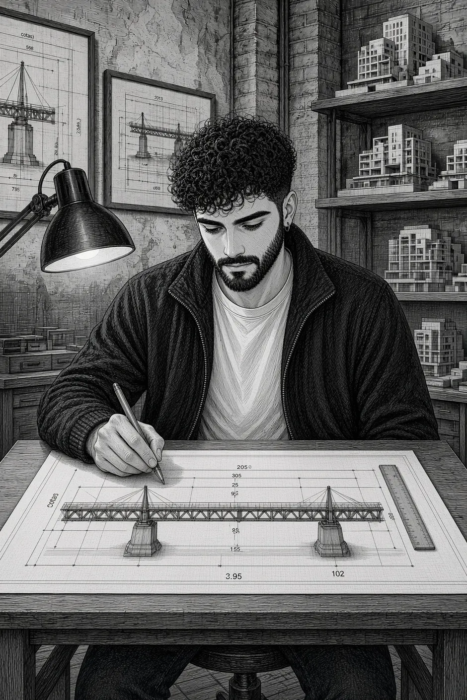 Jordi drafting a bridge at a drawing table