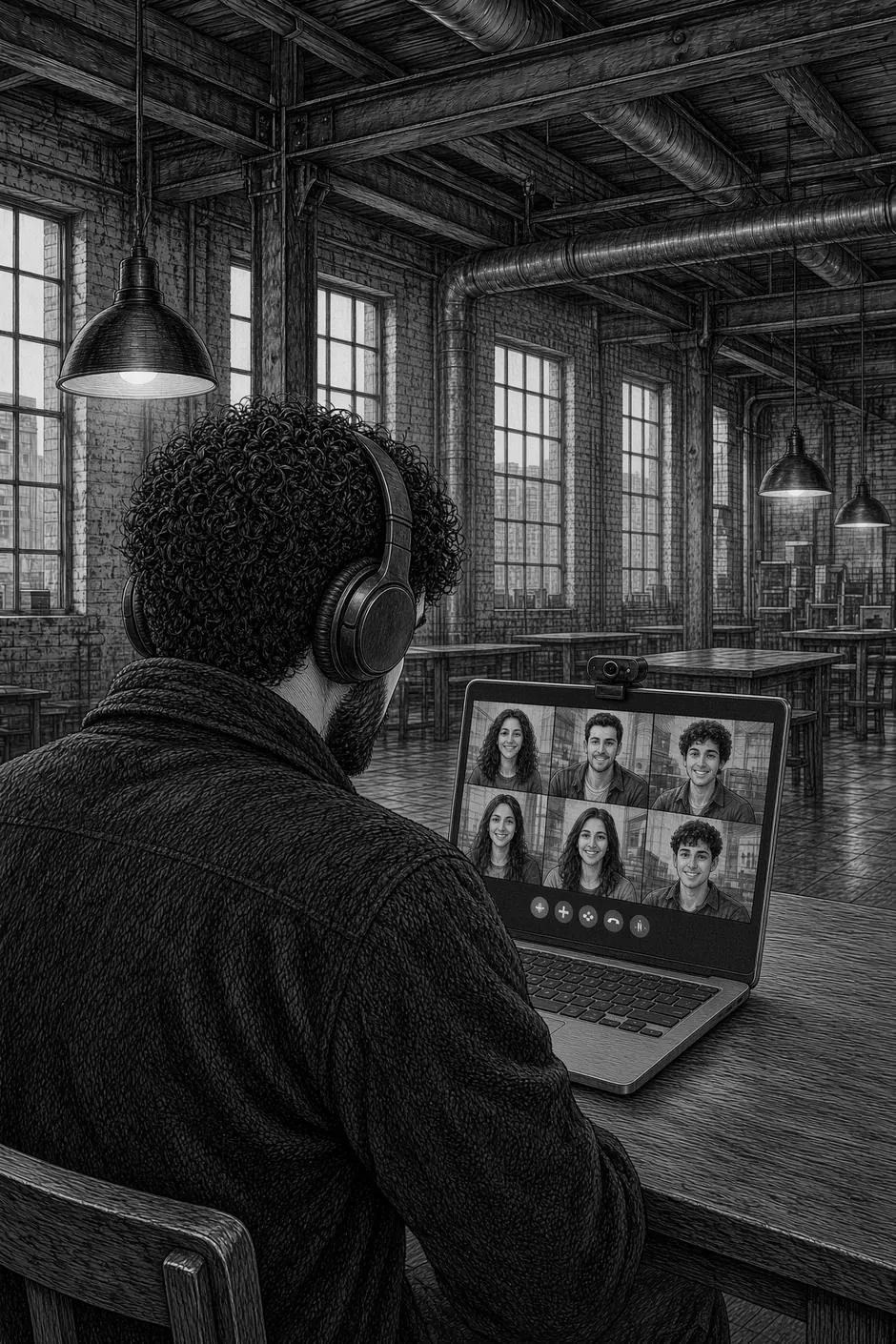 Jordi in a video call with his team