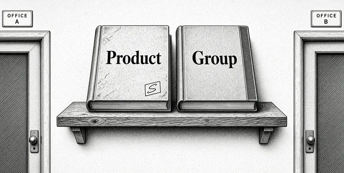 Sketch: two books, Product and Group, on a shelf between two office doors