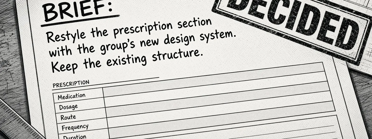 Sketch: a brief stamped DECIDED: restyle the prescription section with the group's new design system and keep the existing structure