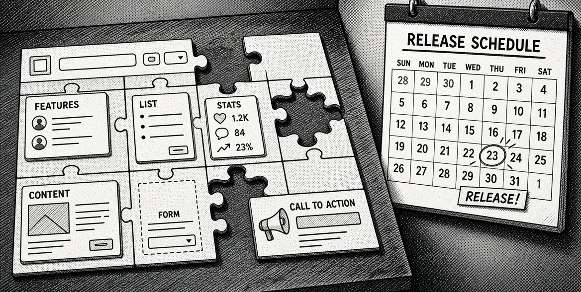 Sketch: an unfinished puzzle of interface pieces next to a release calendar