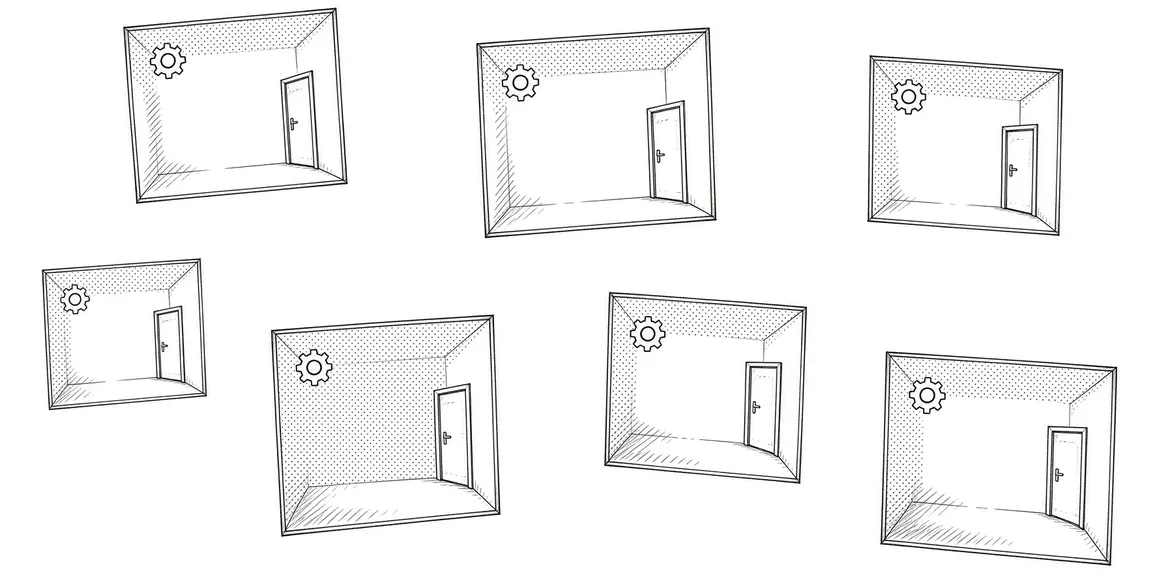 Sketch: seven separate rooms, each with its own settings